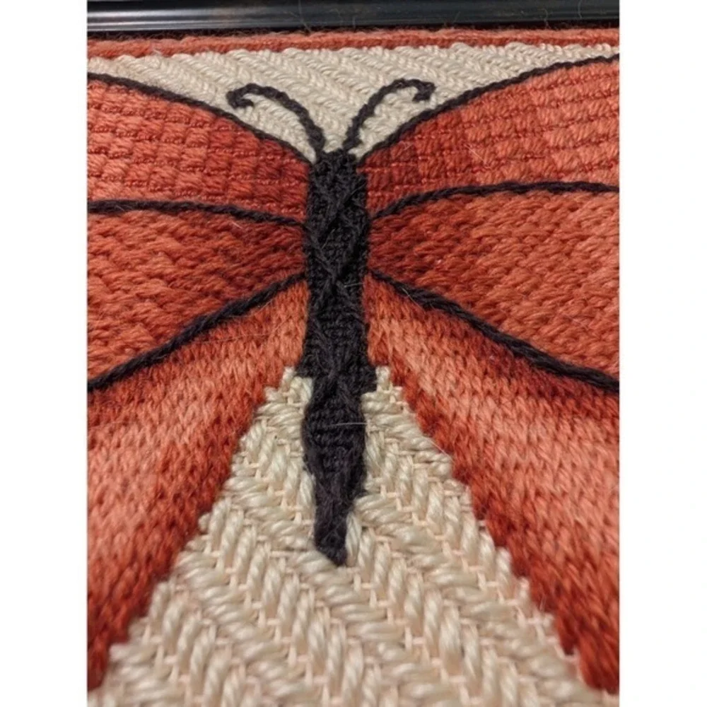 Vintage Handmade Needlepoint Butterfly Framed Art Ornate Black Wood Frame Boho